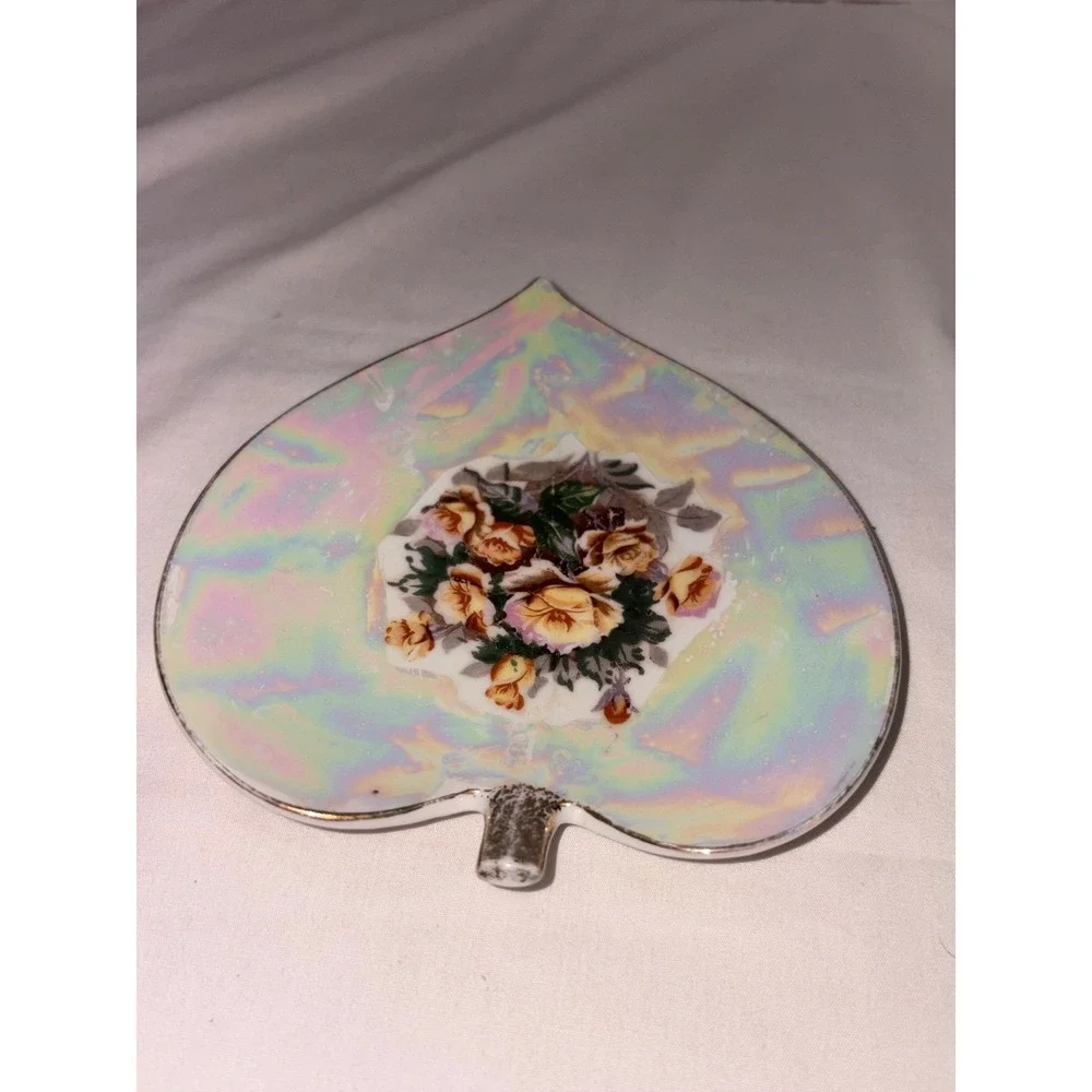 Japan Lusterware Heart Leaf Floral Porcelain Trinket Dish‎ Iridescent Vintage